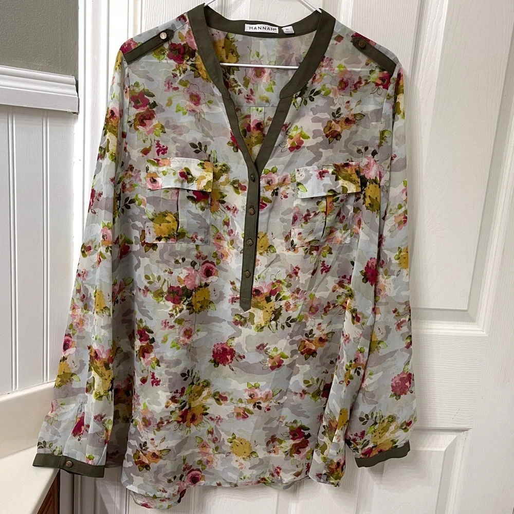 Hannah Floral Sheer Blouse with Olive Accents - Picture 5 of 8